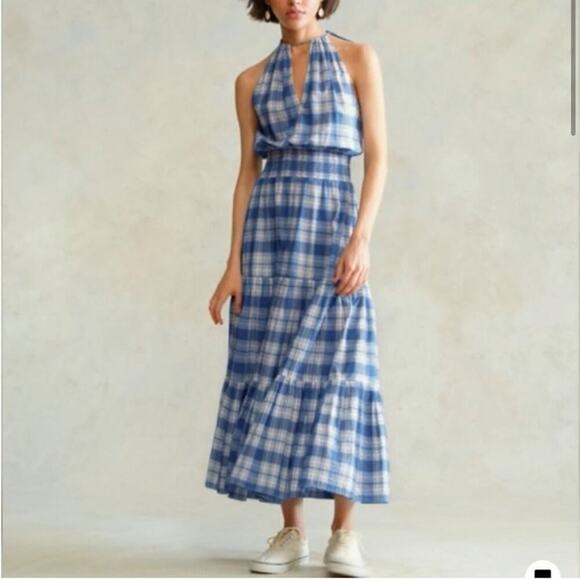 Ralph Lauren Plaid Tiered Cotton Halter Maxi Dress Size 10 - Picture 1 of 16